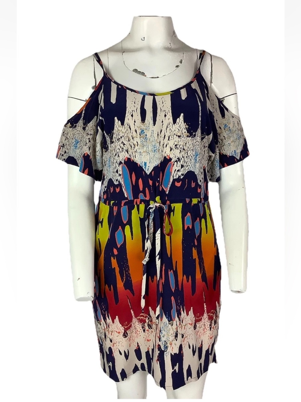Jack & Ginger Sz XS 100% Silk Cold Shoulder Wearable Art Colorful Dress